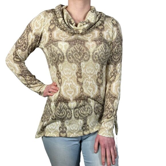 Allison Brittany Cream And Brown Cowl Neck Bohemian Top - Picture 1 of 7
